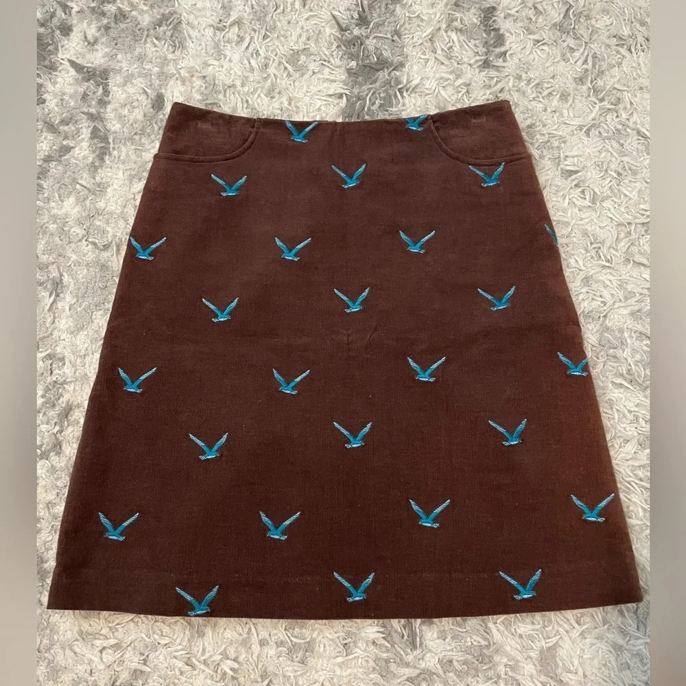 Lilly Pulitzer Corduroy Skirt Womens Size 2 Brown w/ Blue Birds Stretch Casual